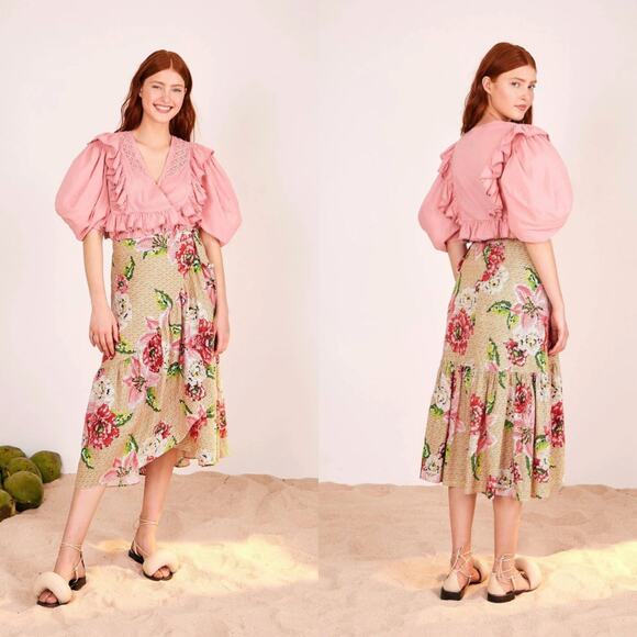 Farm Rio Blush Pink Puff Sleeve V-Neck Cropped Bohemian Blouse Size XS - Picture 2 of 16